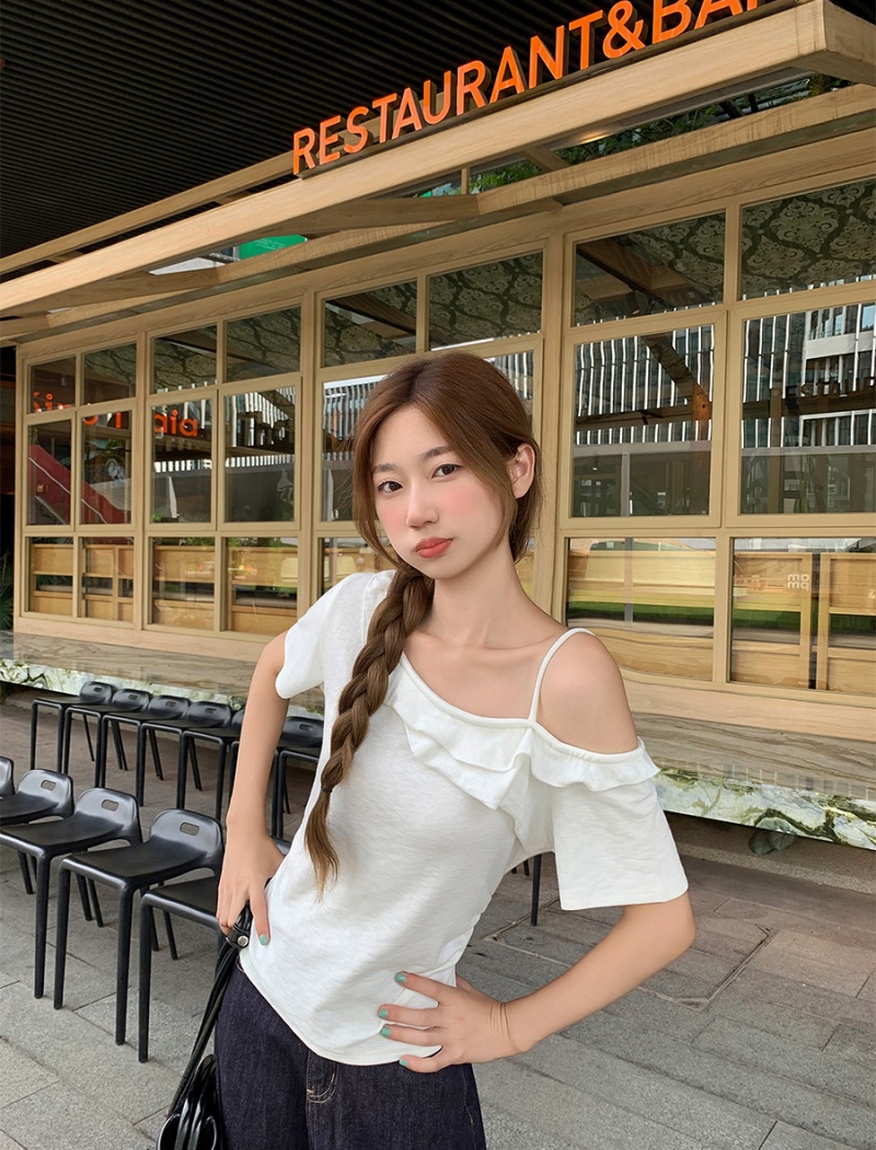 Lotus leaf edges oblique collar tops summer T-shirt