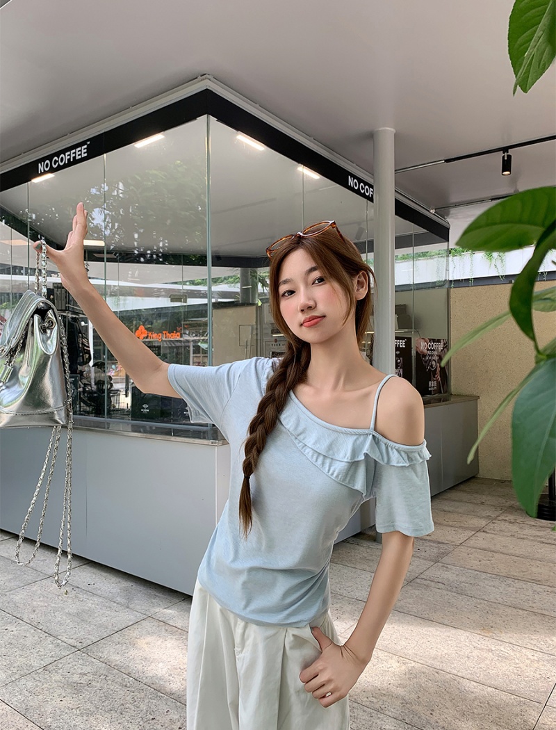Lotus leaf edges oblique collar tops summer T-shirt