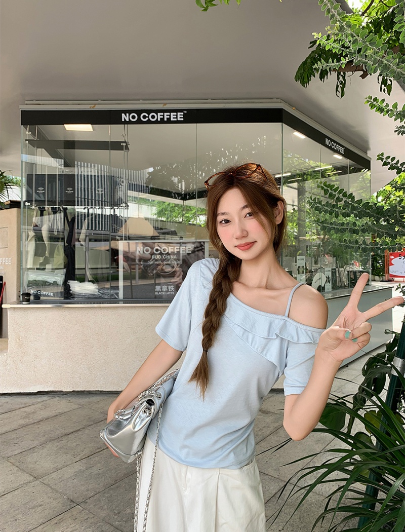 Lotus leaf edges oblique collar tops summer T-shirt