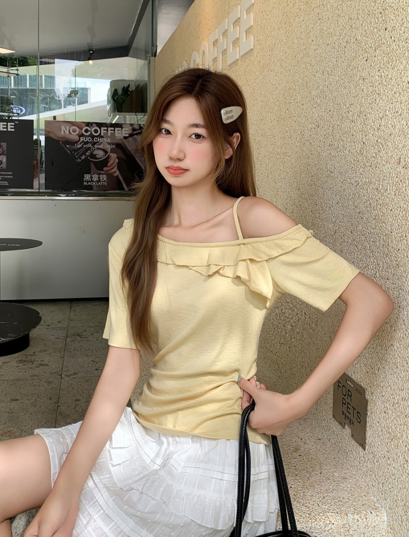 Lotus leaf edges oblique collar tops summer T-shirt