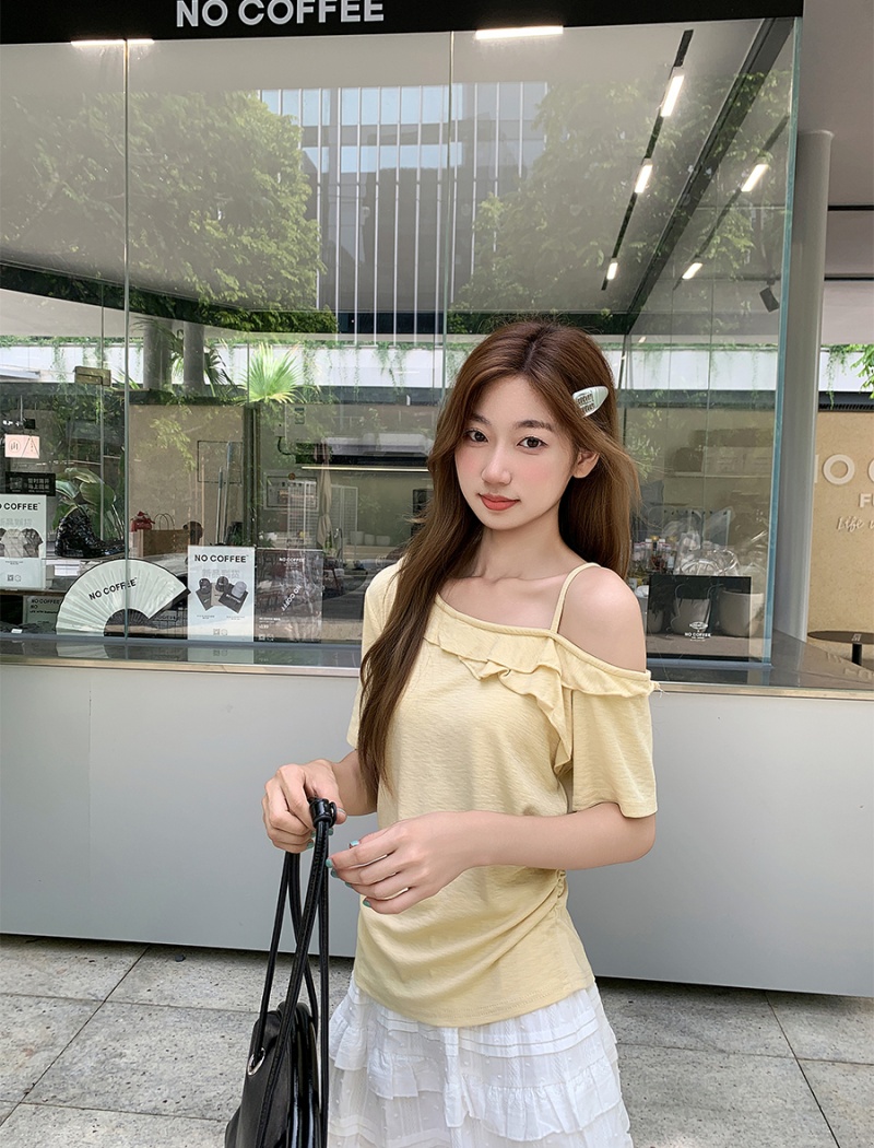Lotus leaf edges oblique collar tops summer T-shirt