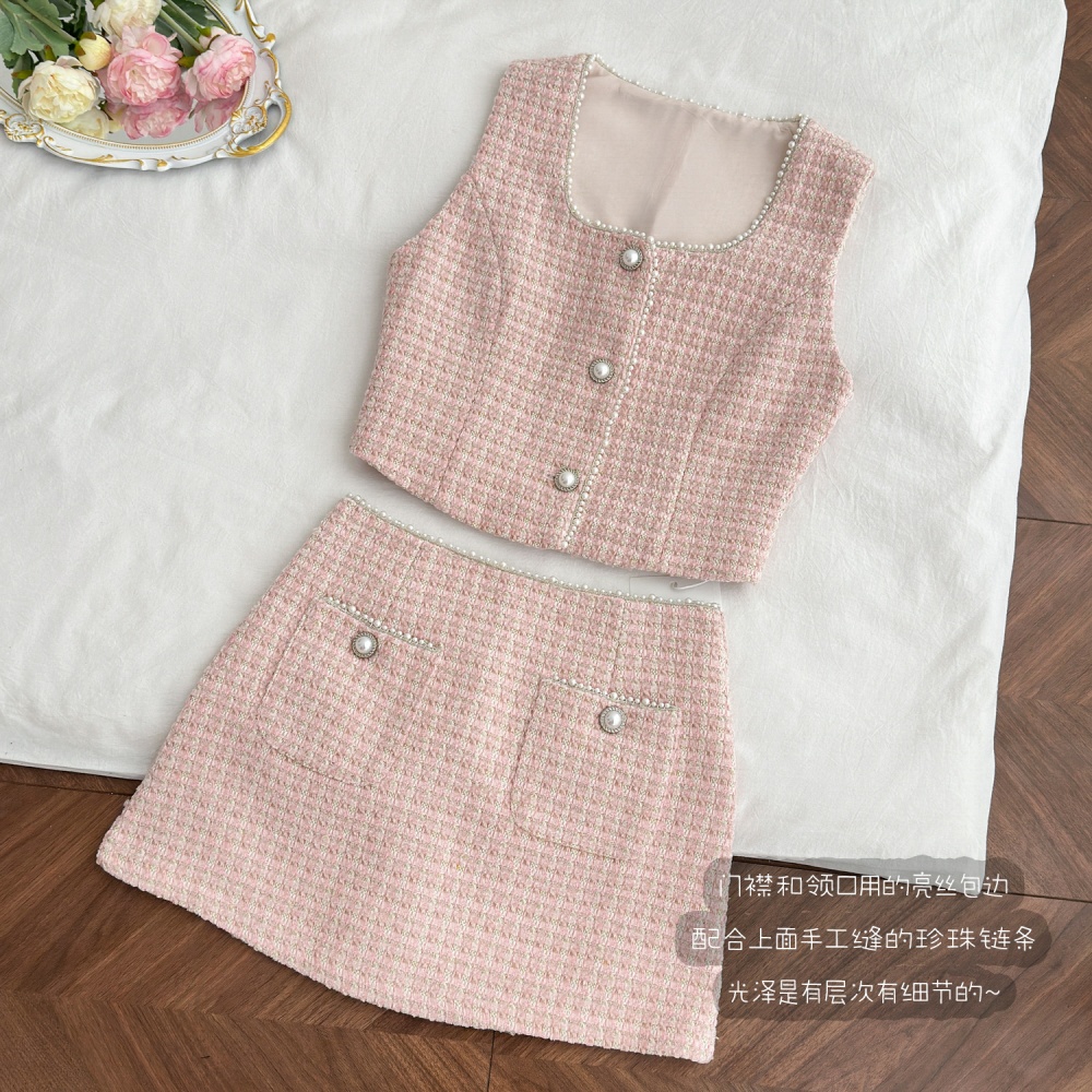 Pink short skirt chanelstyle vest 2pcs set