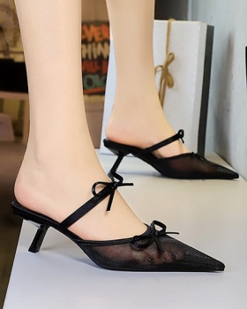 Lace wears outside bow pointed low slippers for women