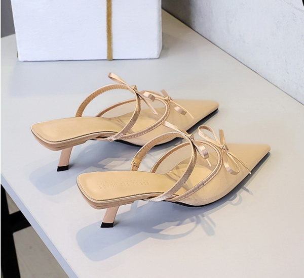 Lace wears outside bow pointed low slippers for women
