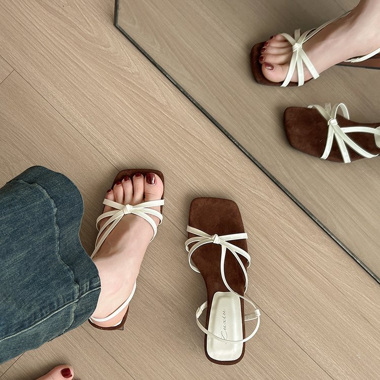Summer square head France style sandals lady slipsole shoes