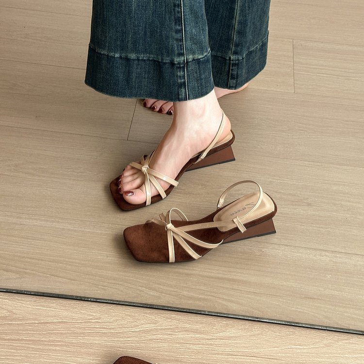 Summer square head France style sandals lady slipsole shoes