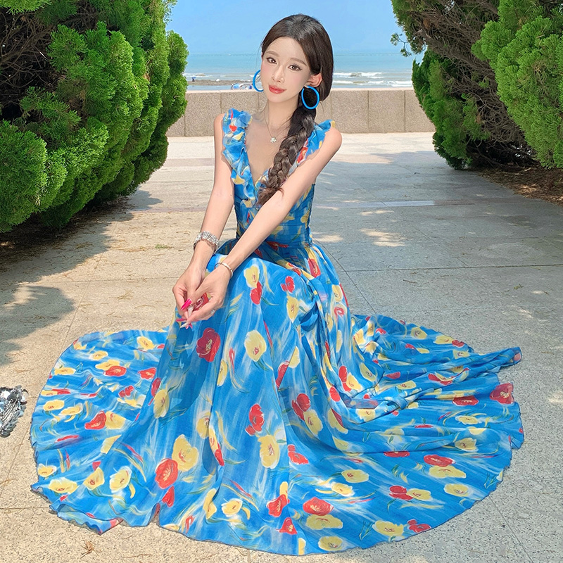 Sandy beach summer dress floral long dress for women