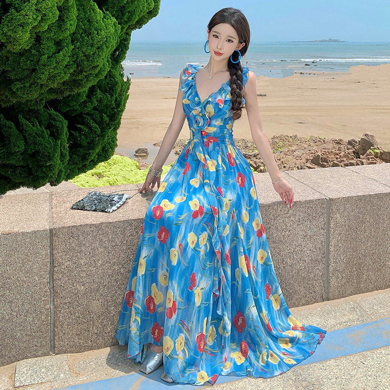 Sandy beach summer dress floral long dress for women
