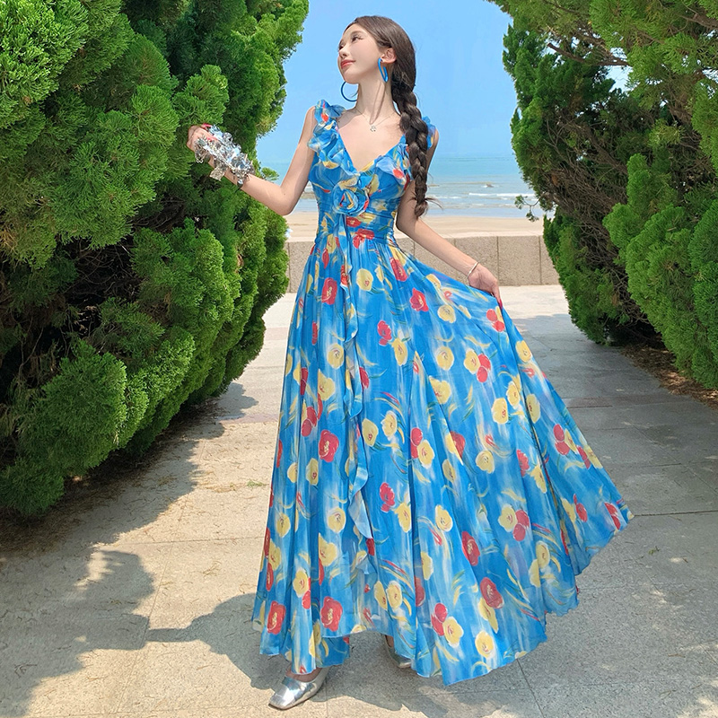 Sandy beach summer dress floral long dress for women