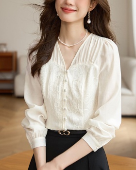 White autumn jacquard tops chiffon Chinese style relief shirt