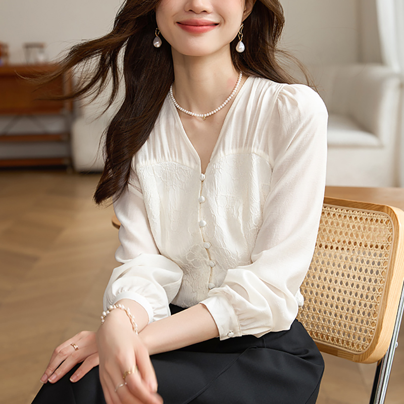 White autumn jacquard tops chiffon Chinese style relief shirt
