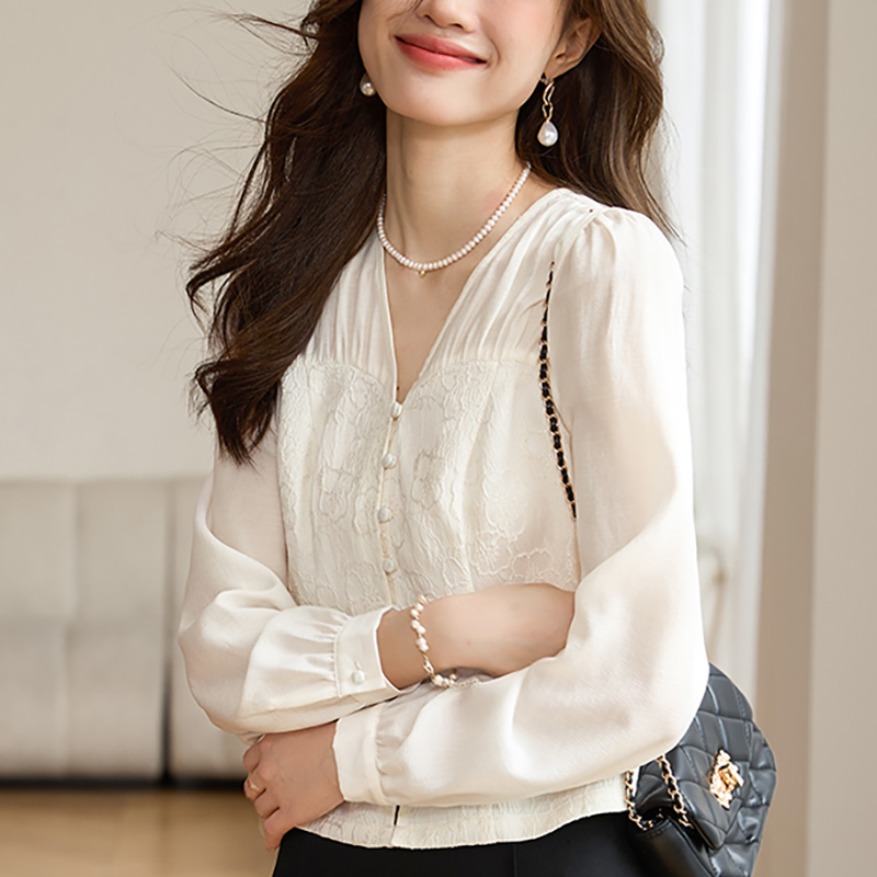 White autumn jacquard tops chiffon Chinese style relief shirt