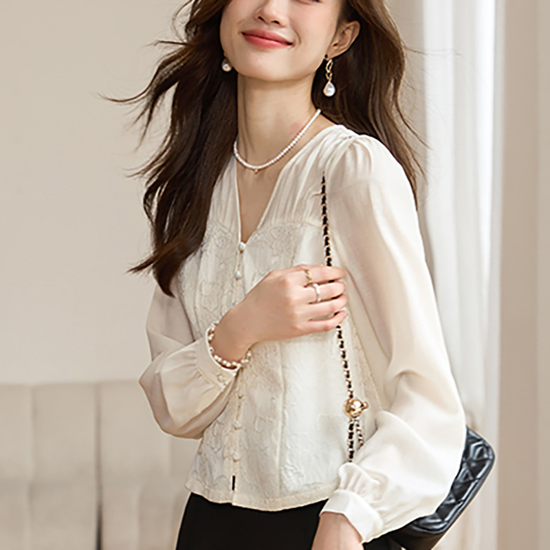 White autumn jacquard tops chiffon Chinese style relief shirt