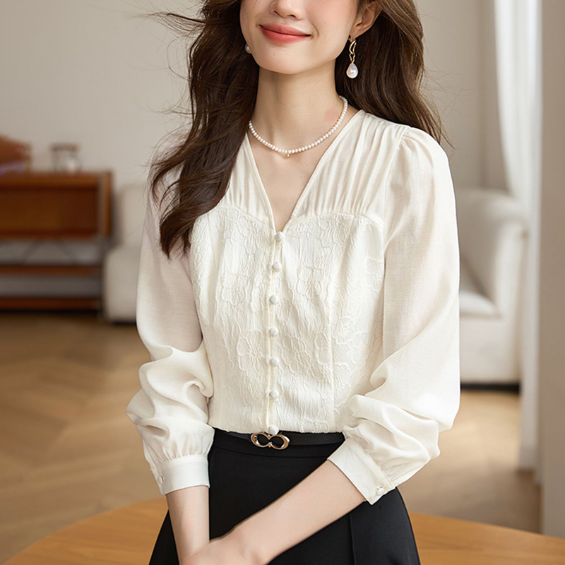 White autumn jacquard tops chiffon Chinese style relief shirt