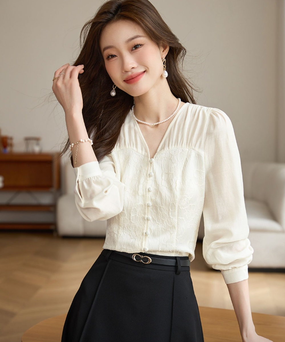 White autumn jacquard tops chiffon Chinese style relief shirt