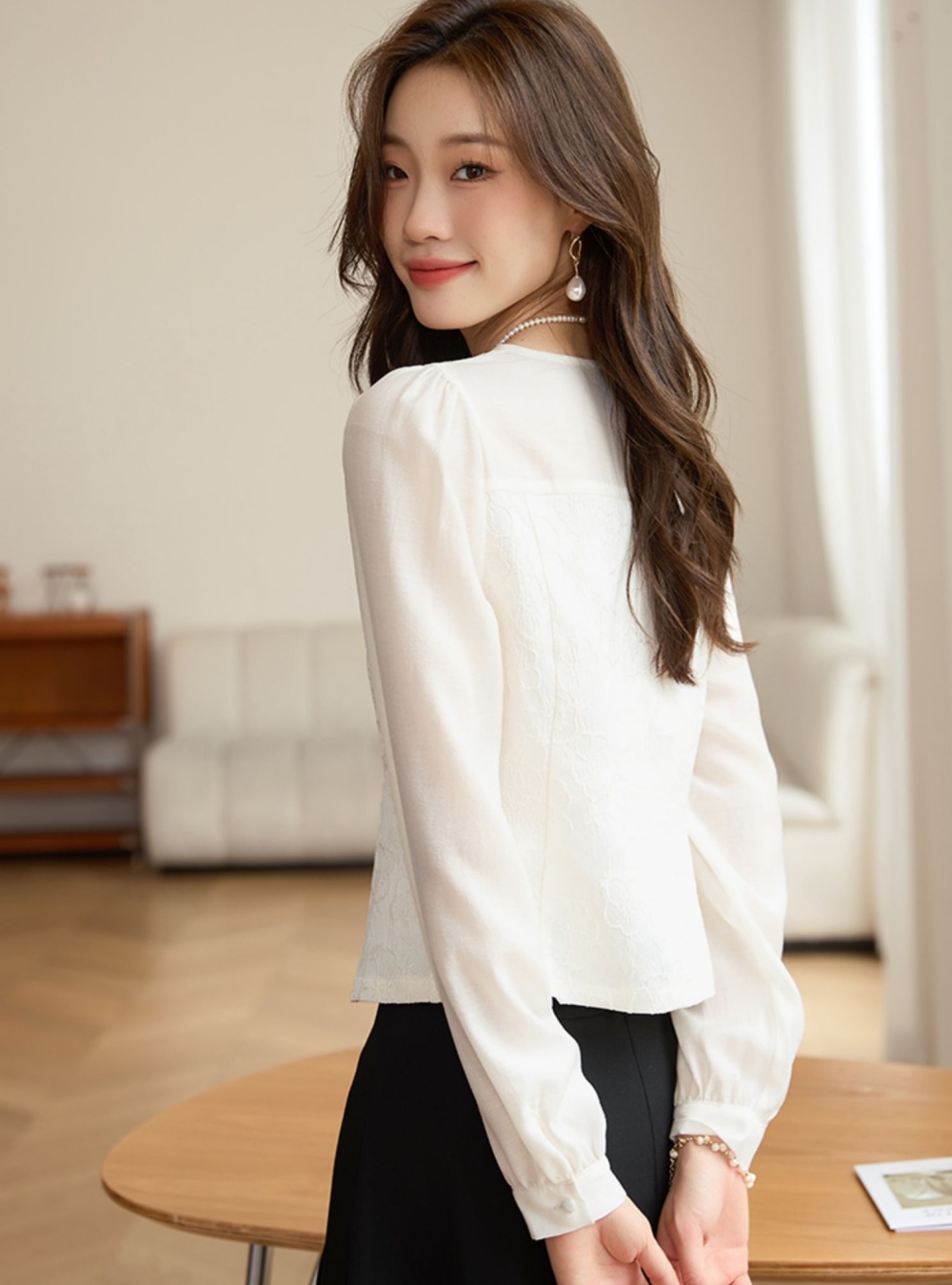 White autumn jacquard tops chiffon Chinese style relief shirt