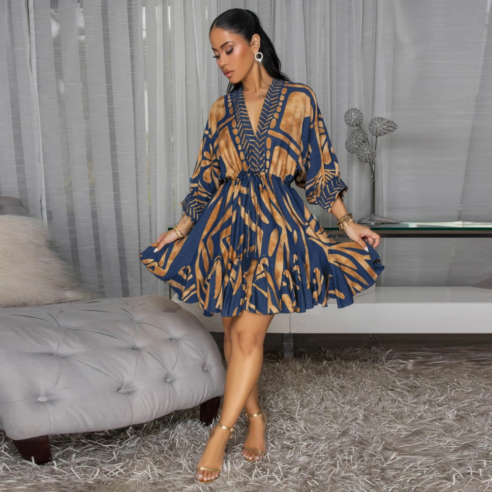 Printing fashion V-neck European style pinched waist dress