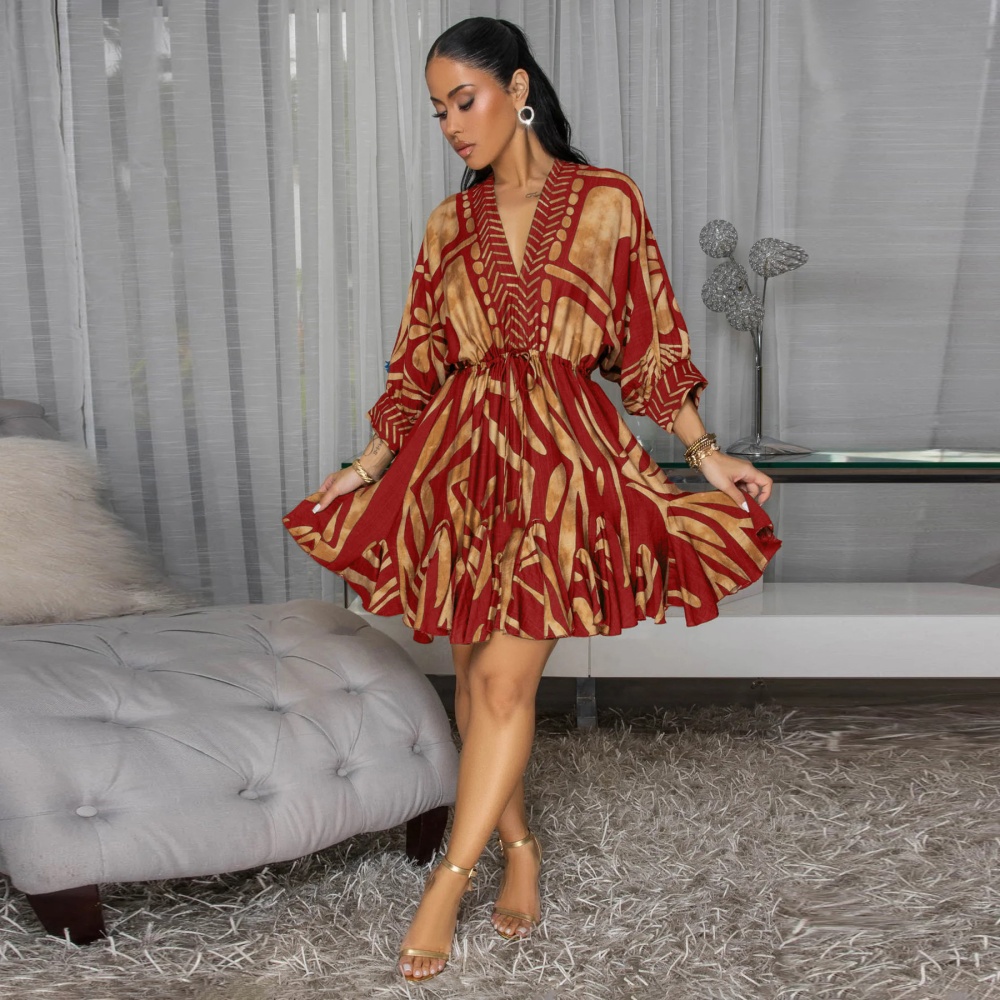 Printing fashion V-neck European style pinched waist dress