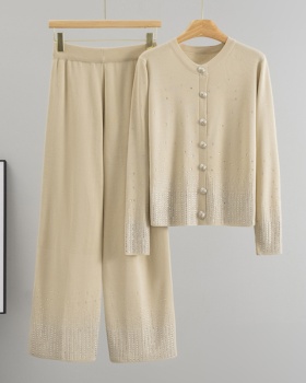 Rhinestone cardigan wide leg pants 2pcs set for women