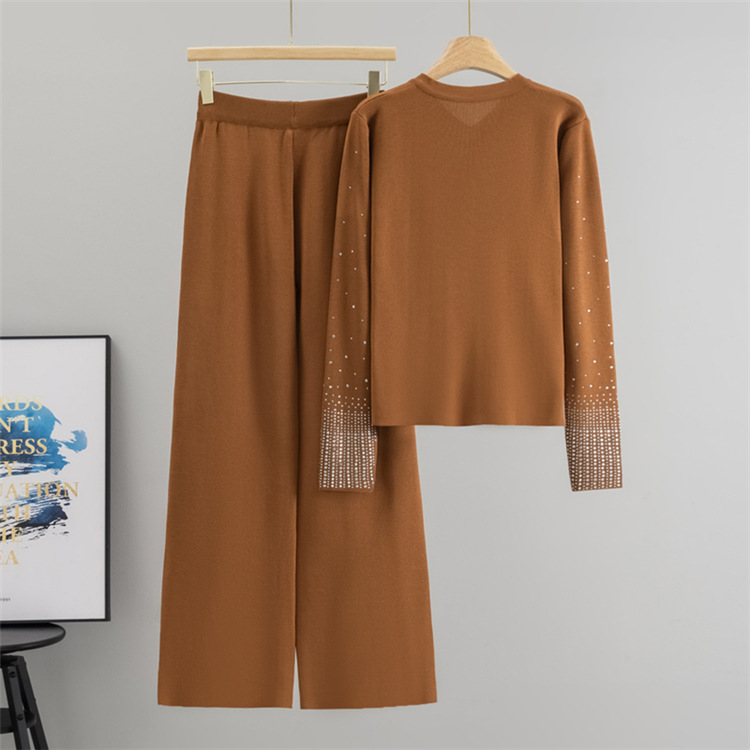 Rhinestone cardigan wide leg pants 2pcs set for women