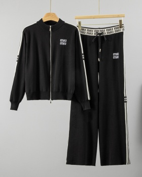 Knitted sports wide leg pants frenum embroidery cardigan a set