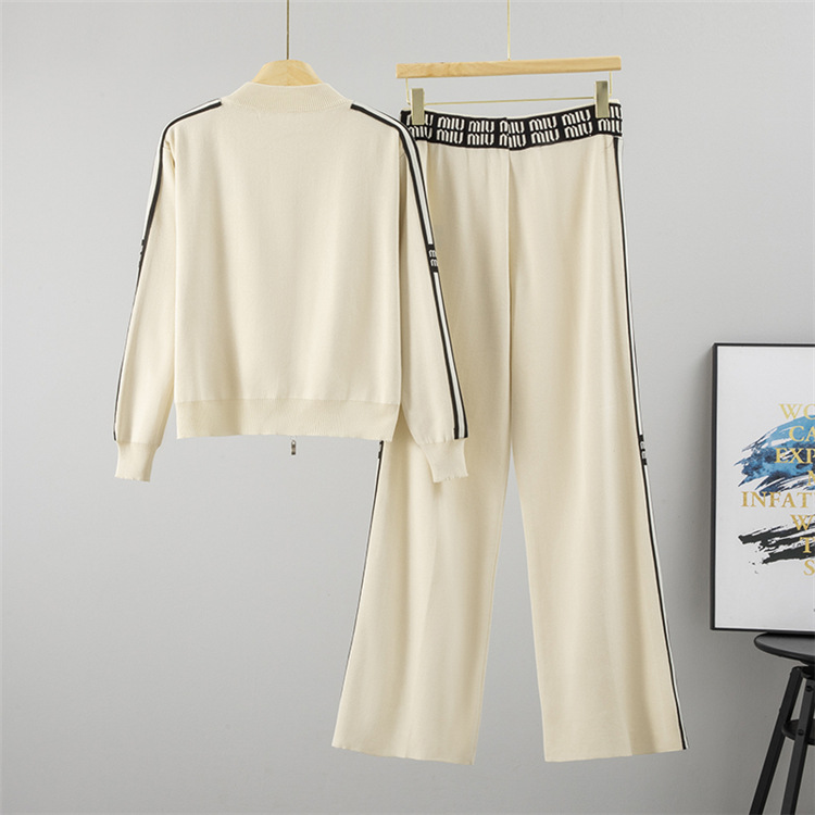 Knitted sports wide leg pants frenum embroidery cardigan a set