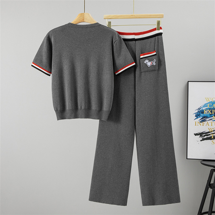 Stripe summer wide leg pants round neck sweater 2pcs set