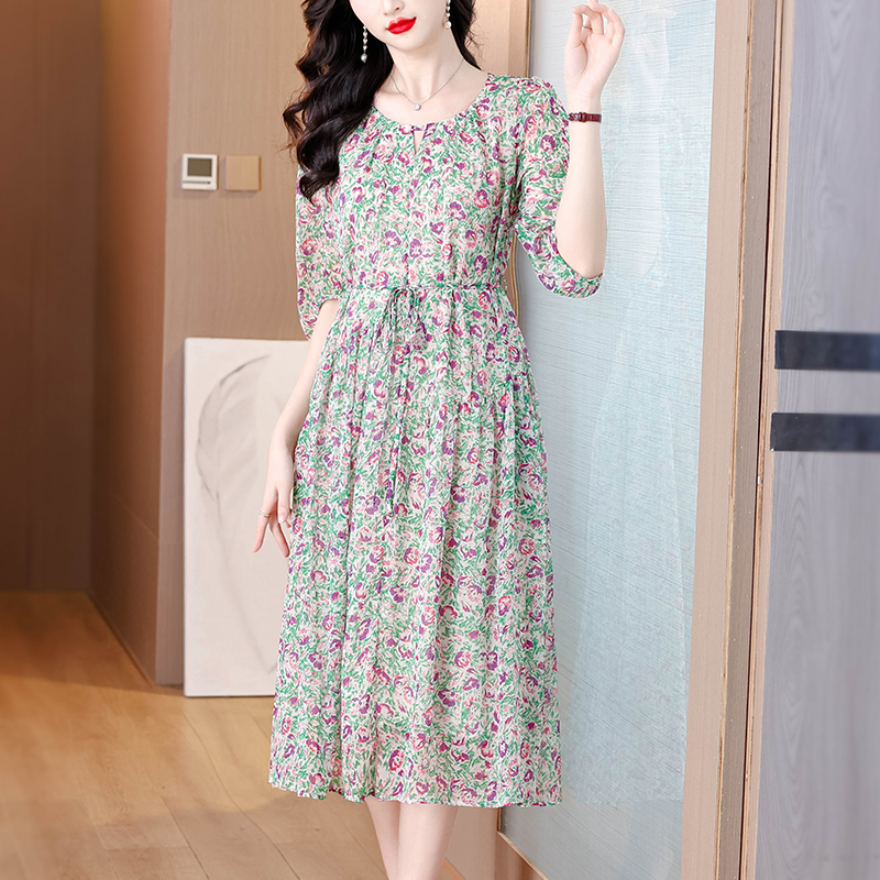 Luxurious temperament floral real silk elegant dress