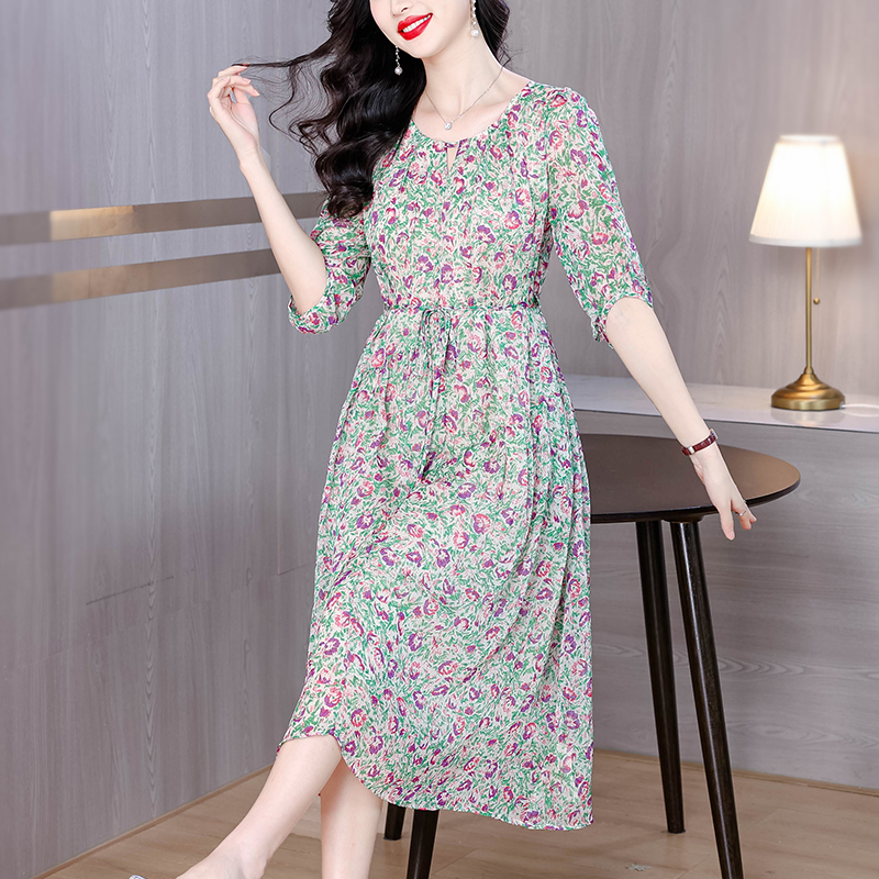 Luxurious temperament floral real silk elegant dress