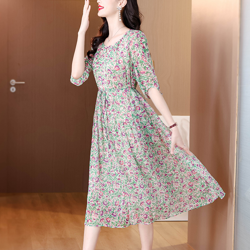 Luxurious temperament floral real silk elegant dress