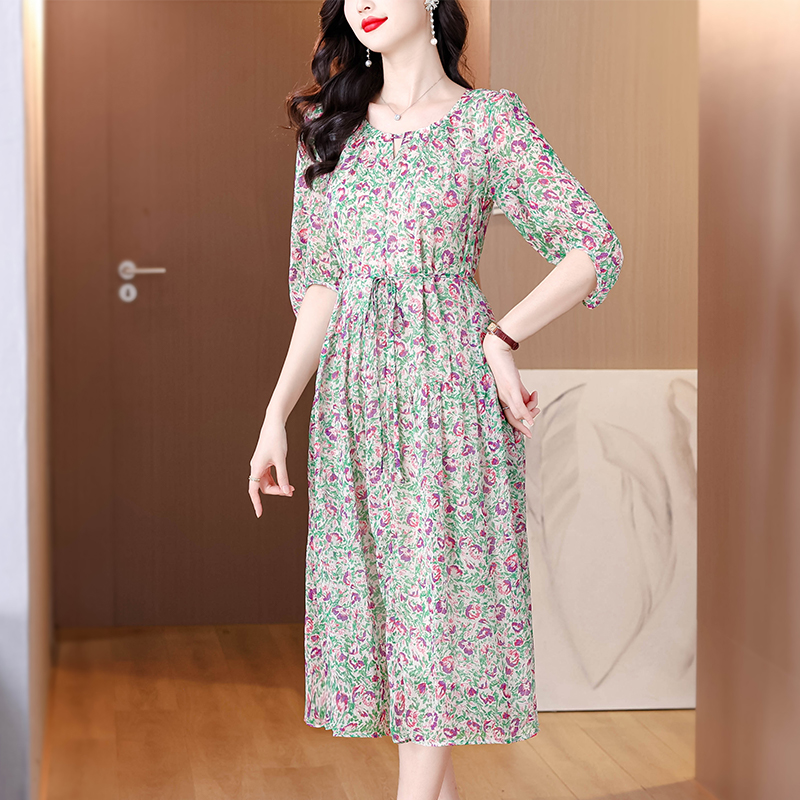Luxurious temperament floral real silk elegant dress