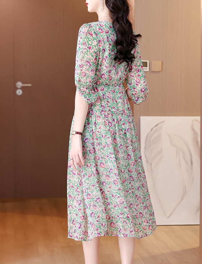 Luxurious temperament floral real silk elegant dress