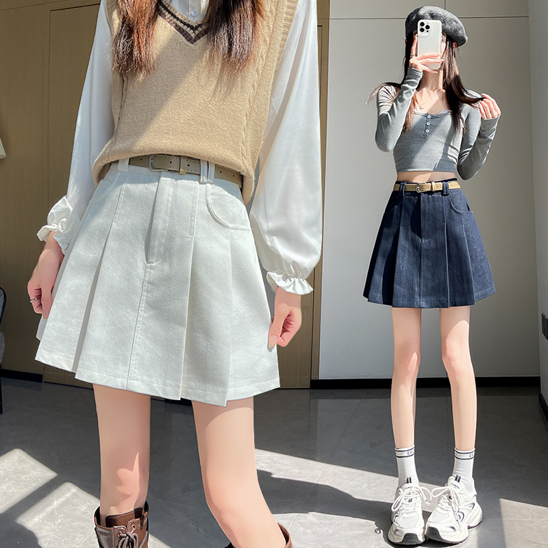 College pleated skirt A-line denim short skirt for women