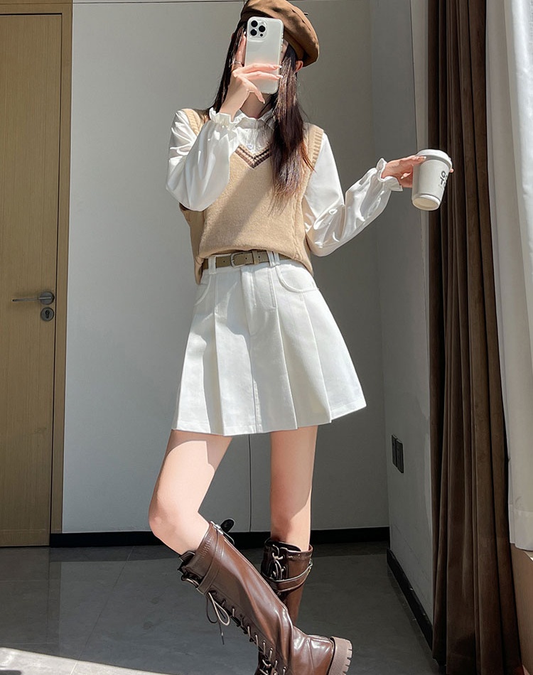 College pleated skirt A-line denim short skirt for women