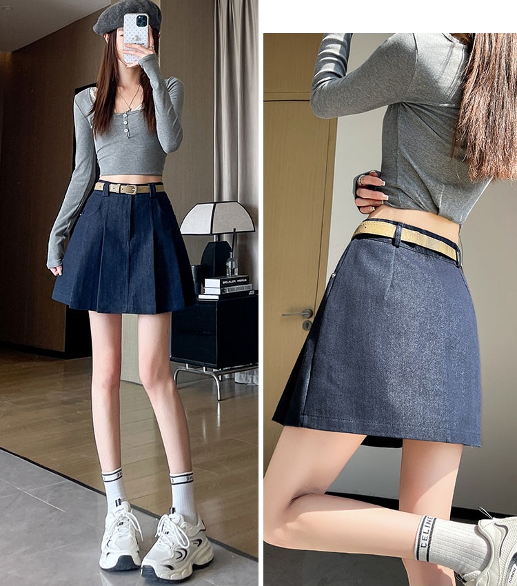 College pleated skirt A-line denim short skirt for women