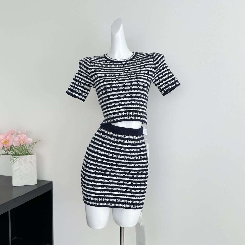 Knitted stripe tops short sleeve short skirt a set