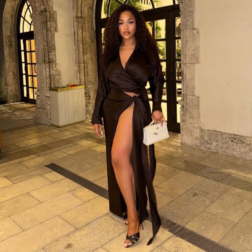 European style satin dress bandage fashion tops a set
