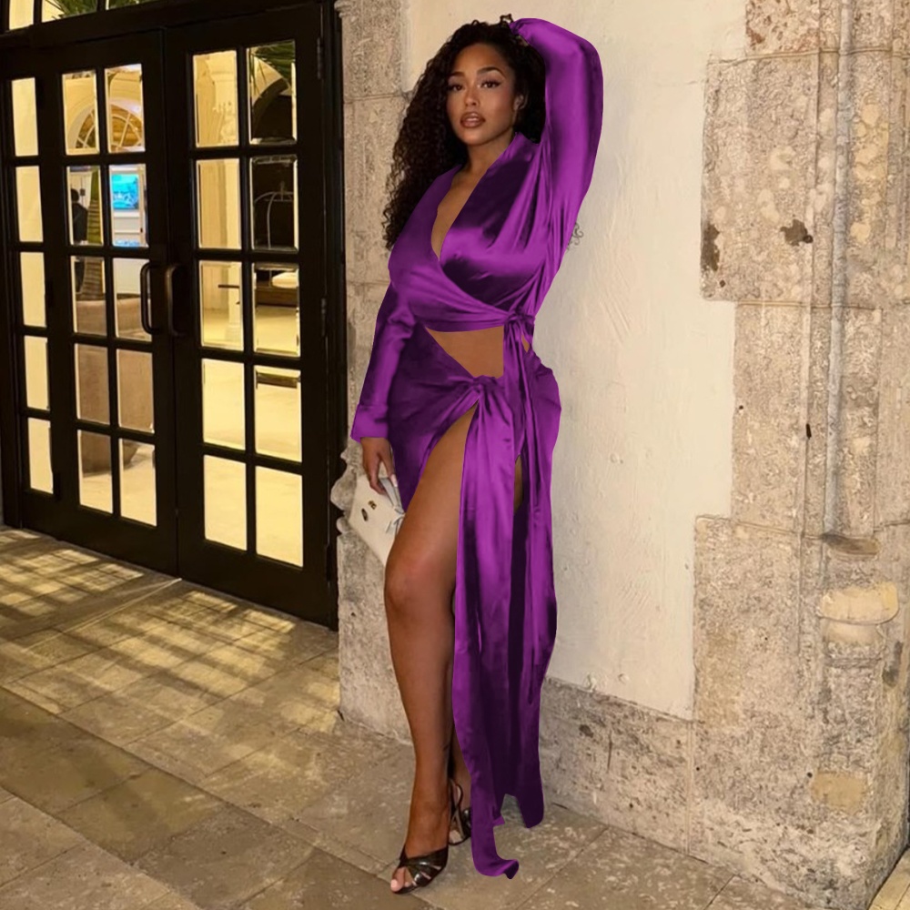 European style satin dress bandage fashion tops a set