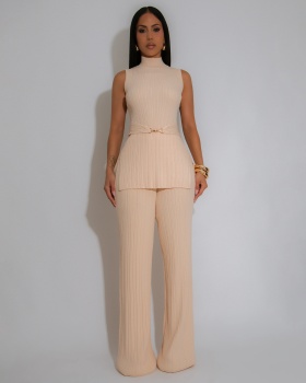 Casual sleeveless crimp long pants 2pcs set for women