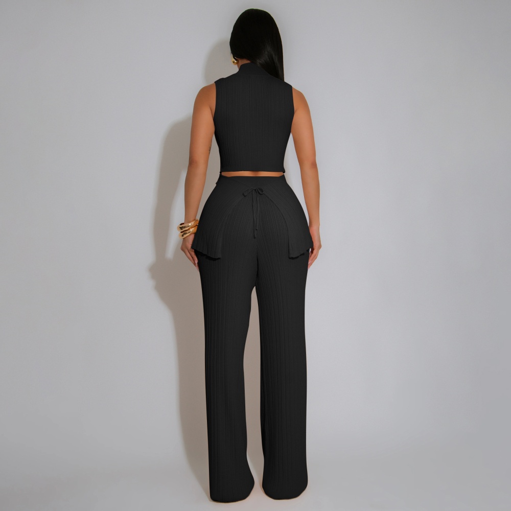 Casual sleeveless crimp long pants 2pcs set for women
