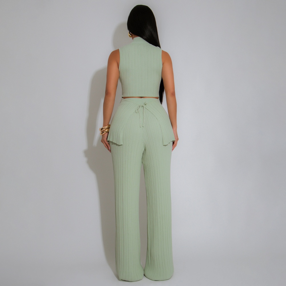 Casual sleeveless crimp long pants 2pcs set for women