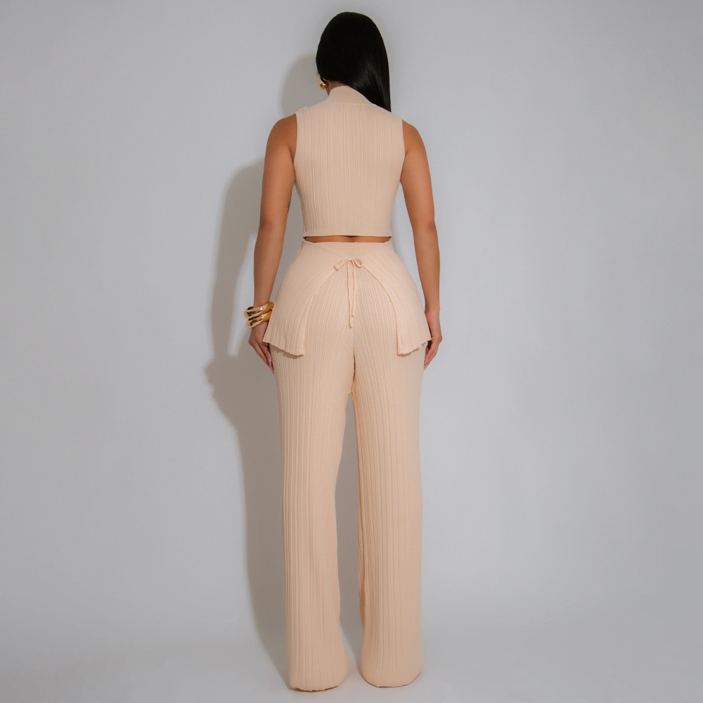 Casual sleeveless crimp long pants 2pcs set for women