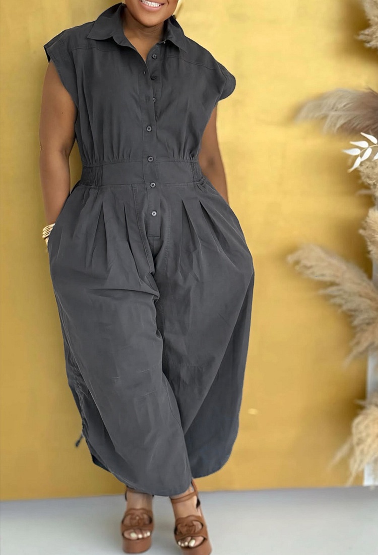 Casual buckle jumpsuit lapel pockets work clothing