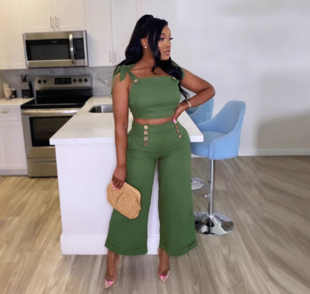 Commuting elegant slim bandage wide leg pants 2pcs set