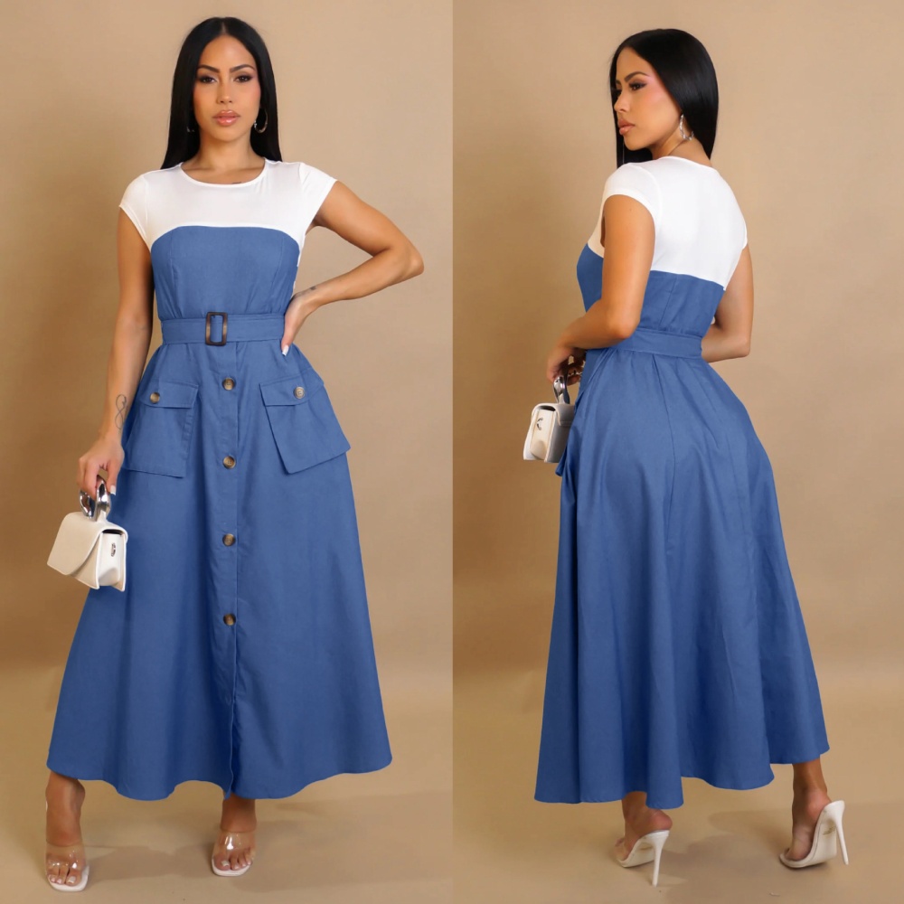 Mixed colors denim dress commuting work clothing