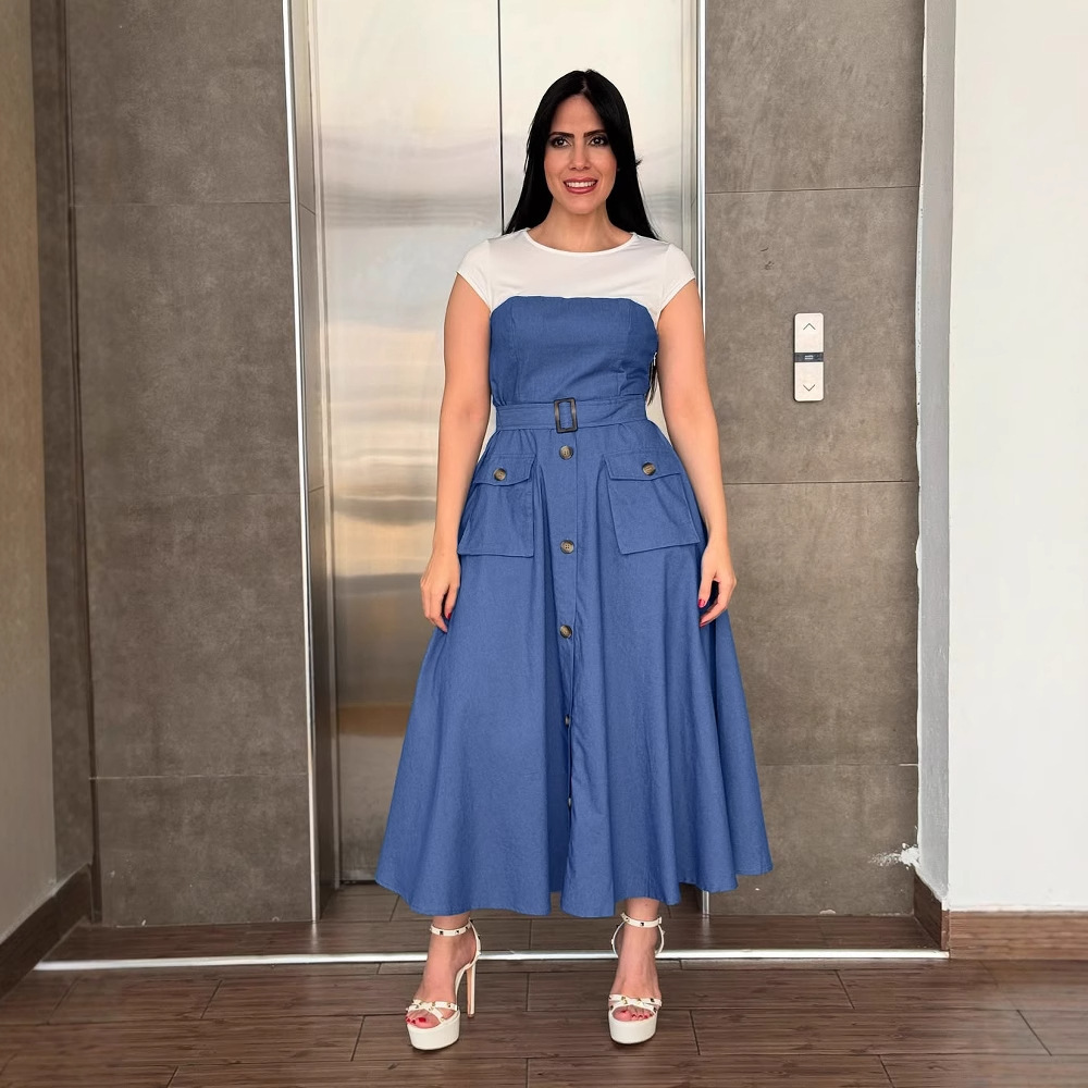 Mixed colors denim dress commuting work clothing