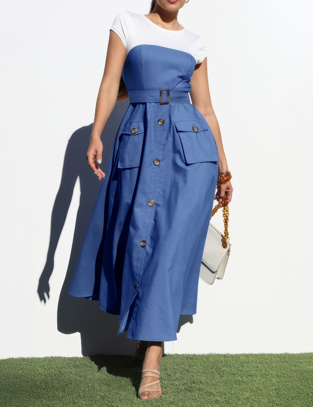 Mixed colors denim dress commuting work clothing