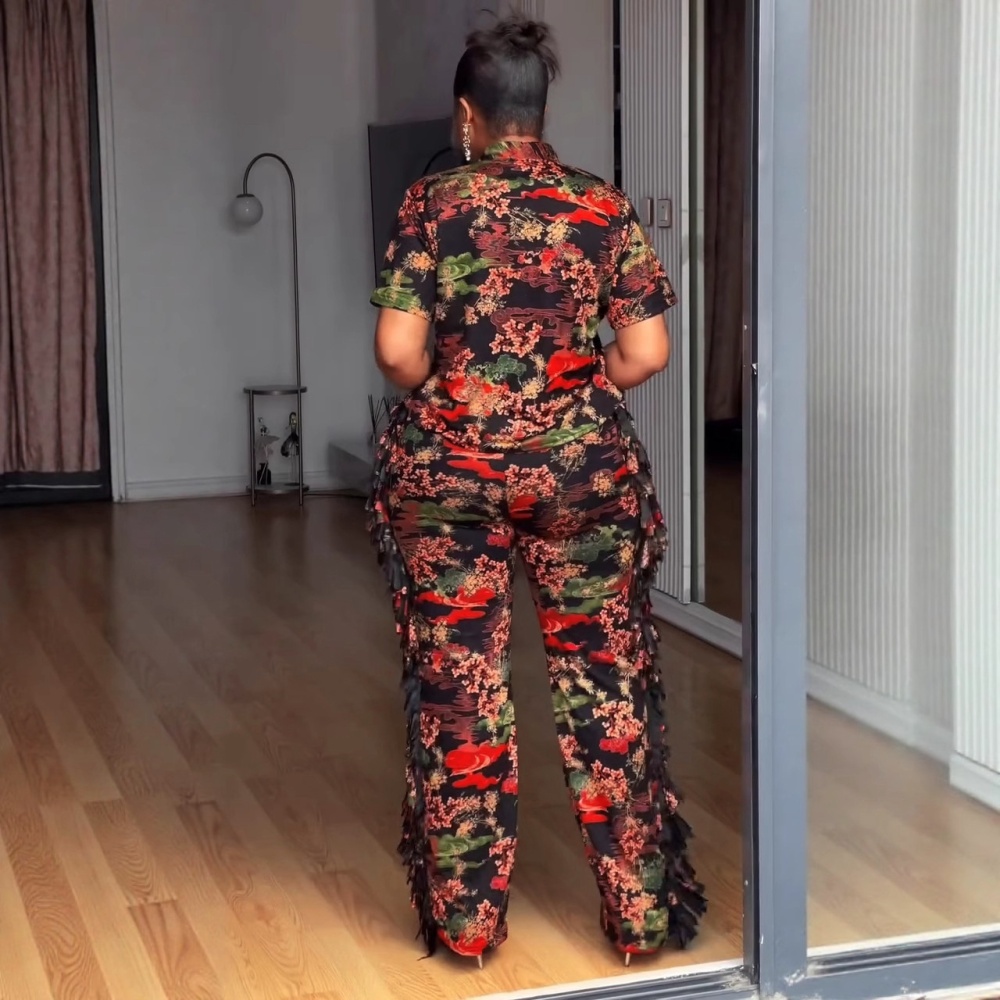 Short sleeve printing long pants Casual lapel shirt 2pcs set