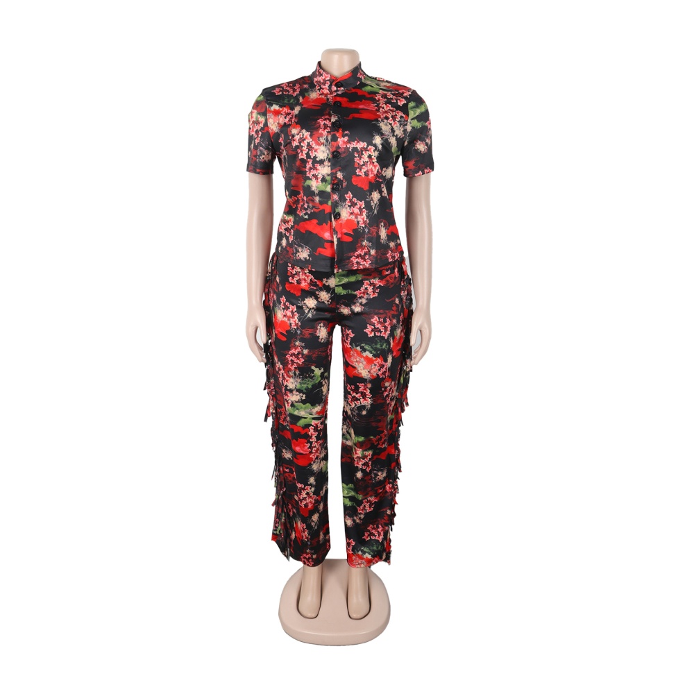 Short sleeve printing long pants Casual lapel shirt 2pcs set