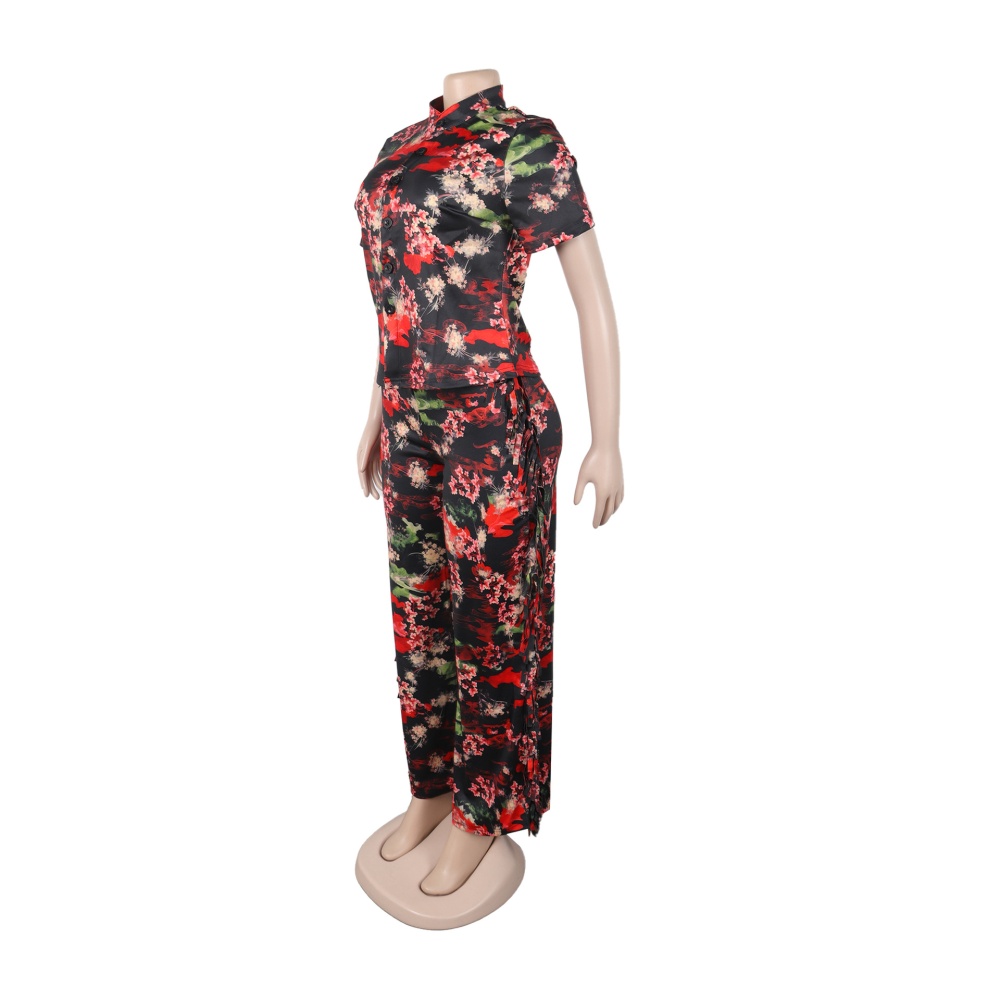 Short sleeve printing long pants Casual lapel shirt 2pcs set